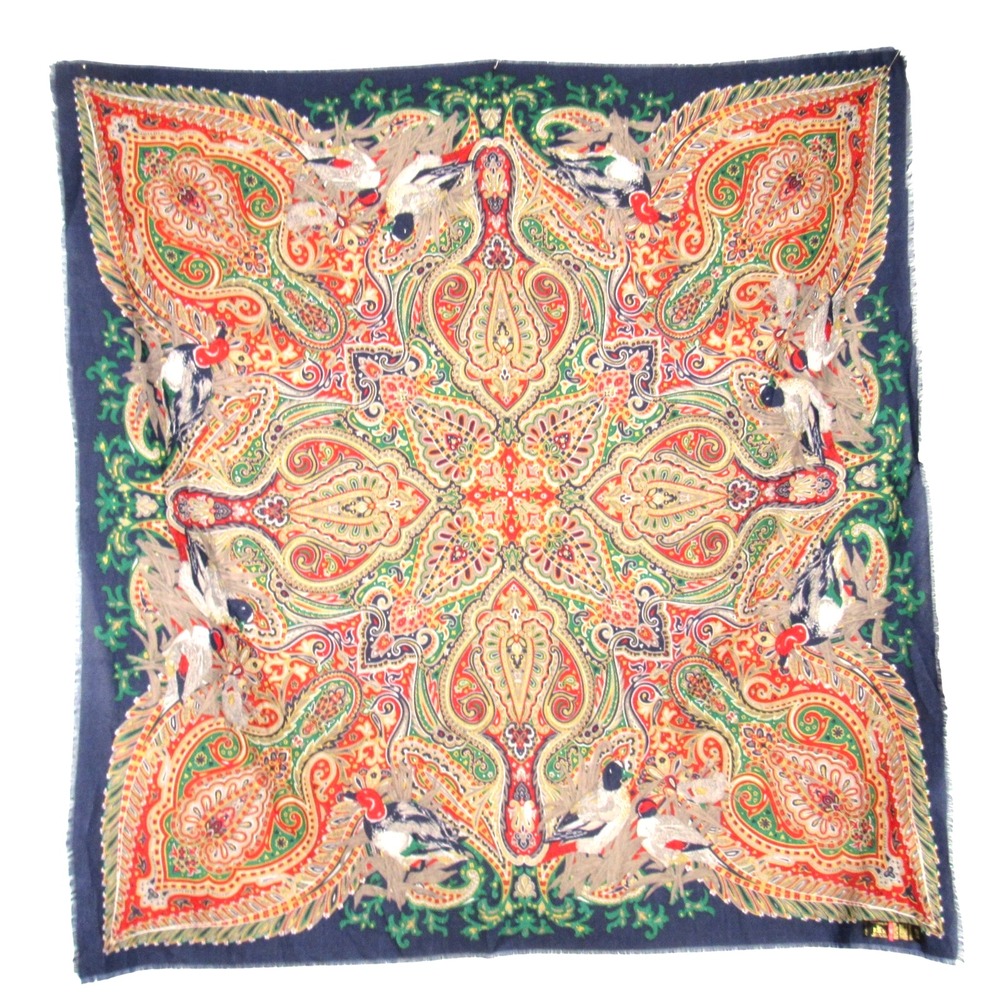 TIE RACK Multi PAISLEY/BIRD MOTIFS PRINT Frayed Trim SQUARE Woven SCARF/WRAP